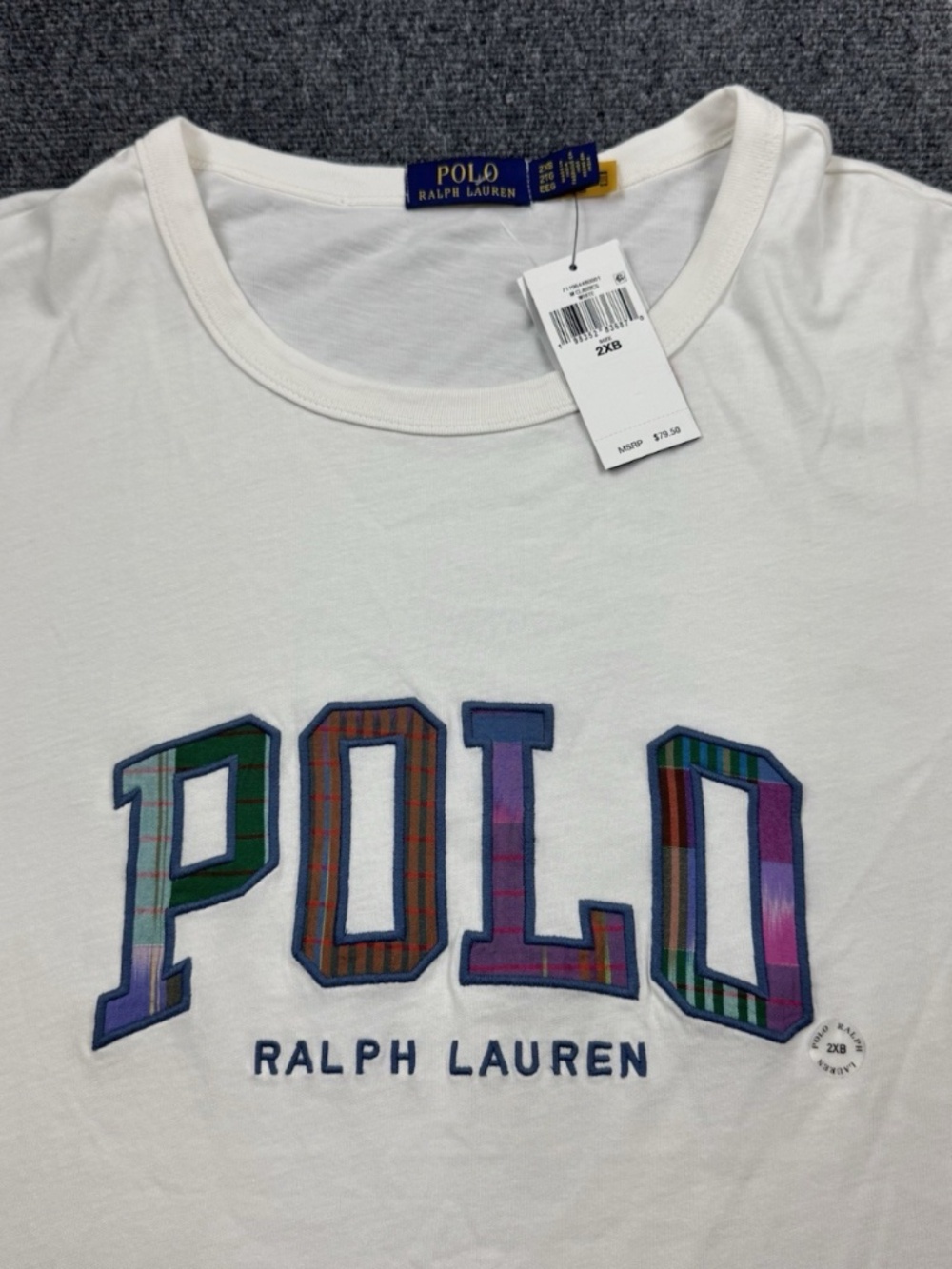 Polo Ralph Lauren Short Sleeve White T Shirt Madras Polo Logo Size 2XB 3601